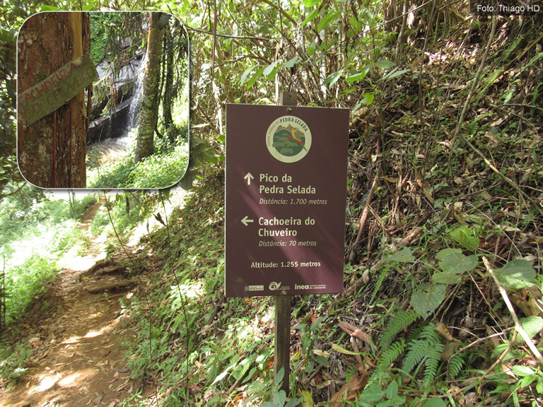 placa de sinalizacao da cachoeira do chuveiro e pedra selada